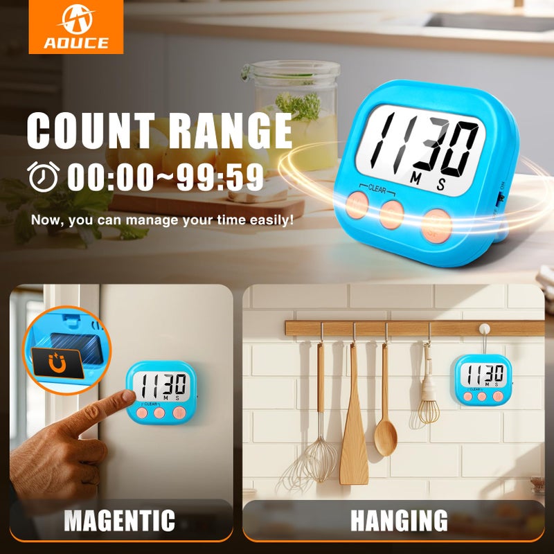 AOUCE 2 Pack Kitchen Timers Loud Ring Digital Timers for Cooking Magnetic Blue - Image 3